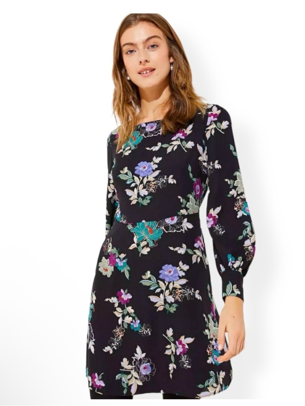 LOFT Black Floral Long-Sleeve plus size Shift midi Dress - Picture 1 of 6